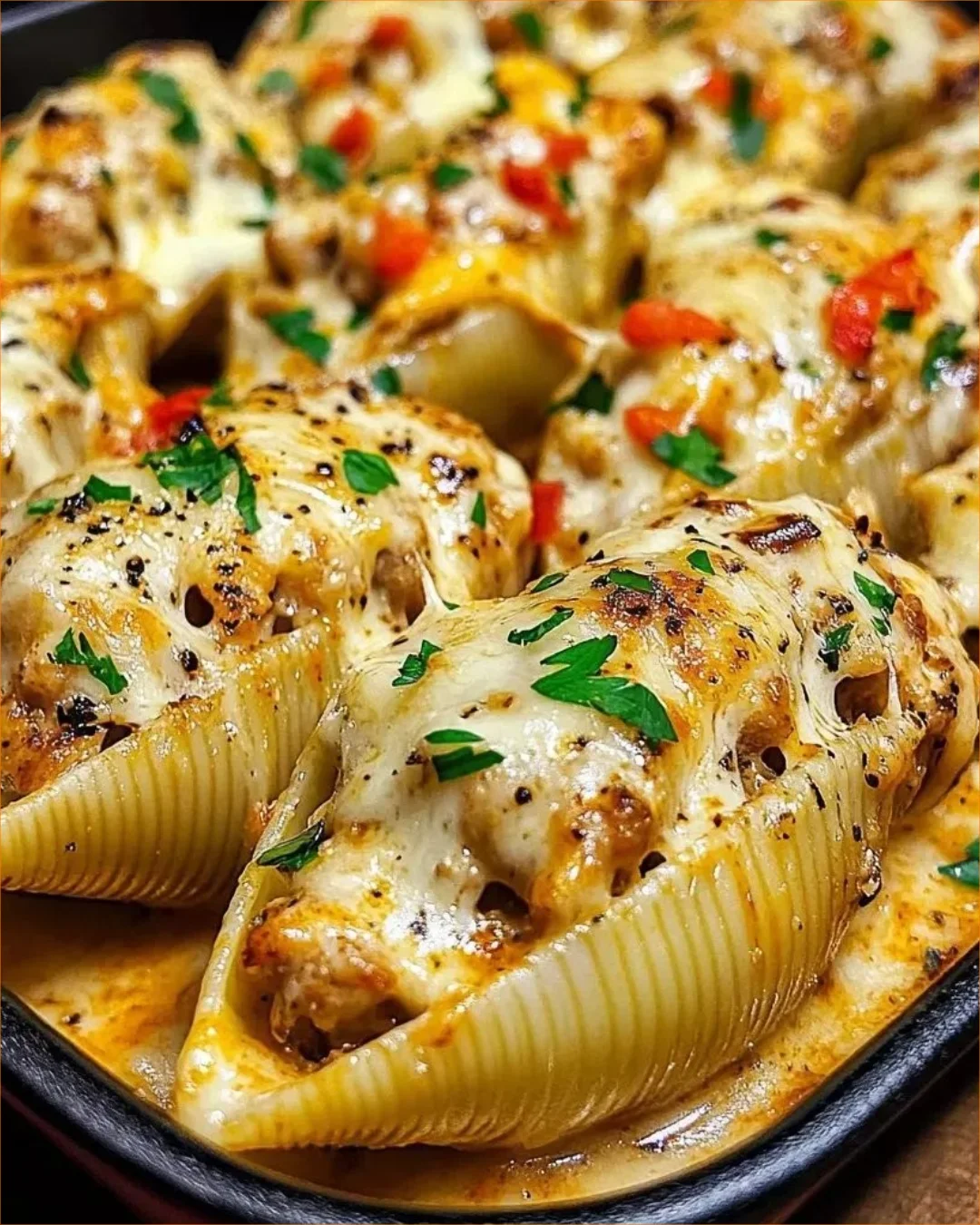Creamy Cajun Chicken stuffed shells garnished with herbs