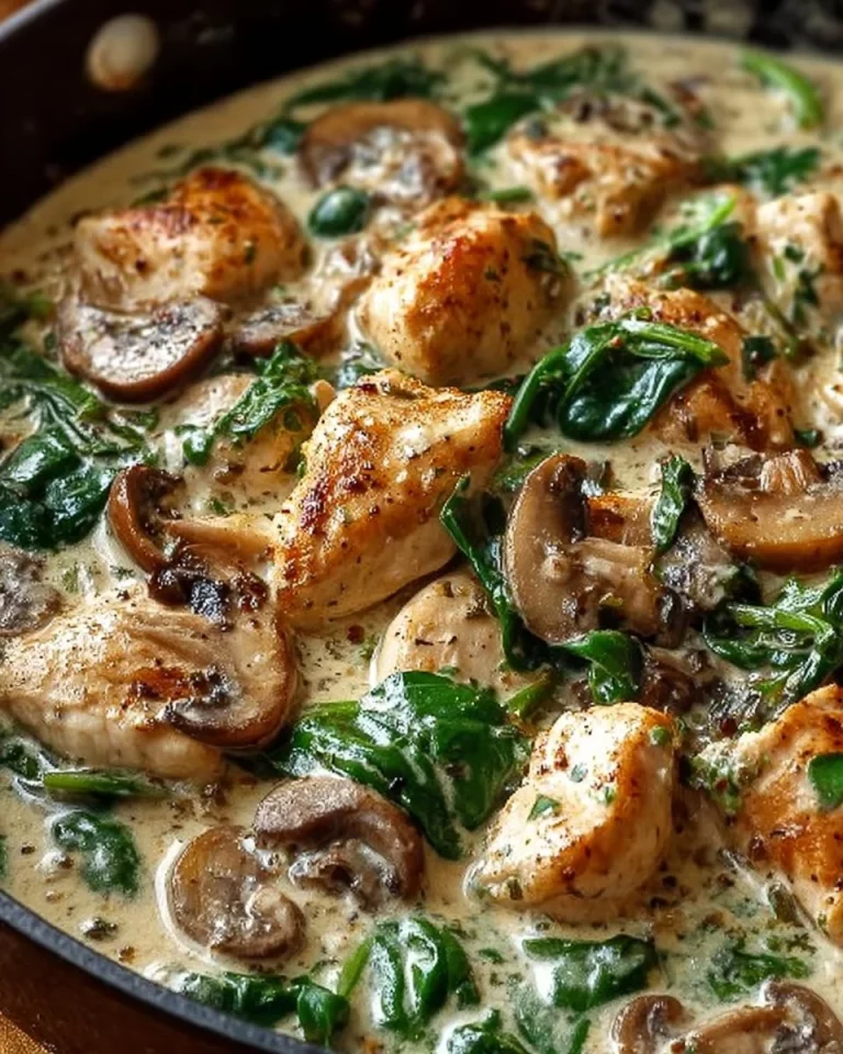 Creamy chicken mushroom skillet dish with spinach served in a frying pan.