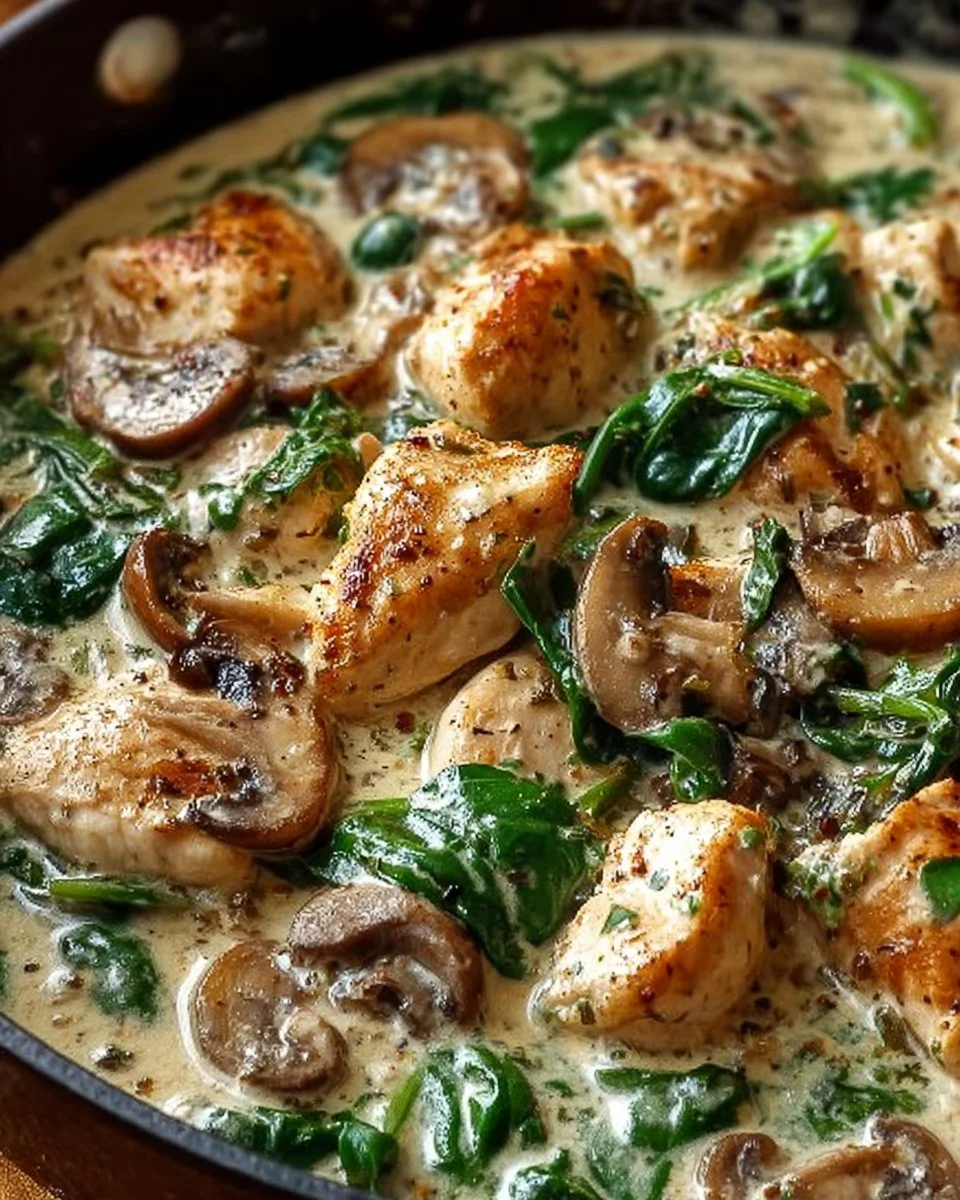 Creamy chicken mushroom skillet dish with spinach served in a frying pan.