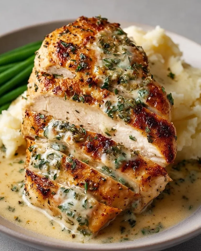 Creamy garlic parmesan chicken breast served with herbs and spices.