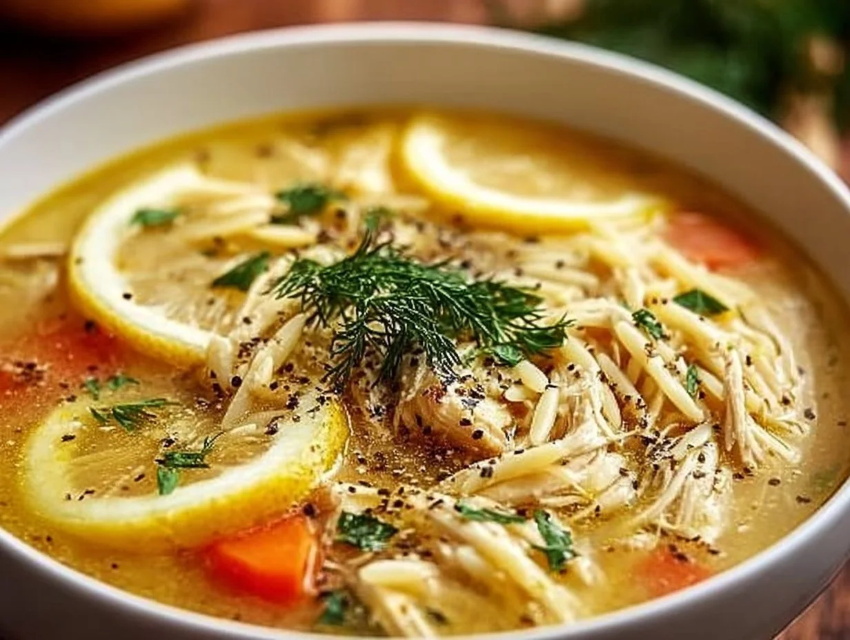 Bowl of creamy Greek lemon chicken soup garnished with herbs