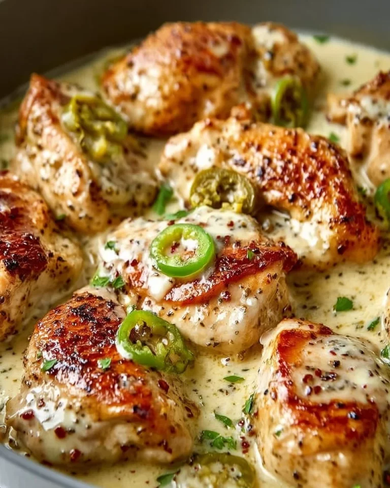 Creamy pepperoncini chicken skillet served on a plate with herbs