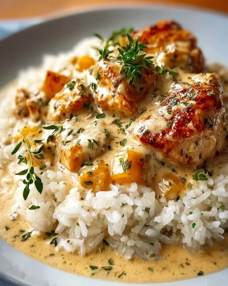 Delicious creamy smothered chicken served over rice