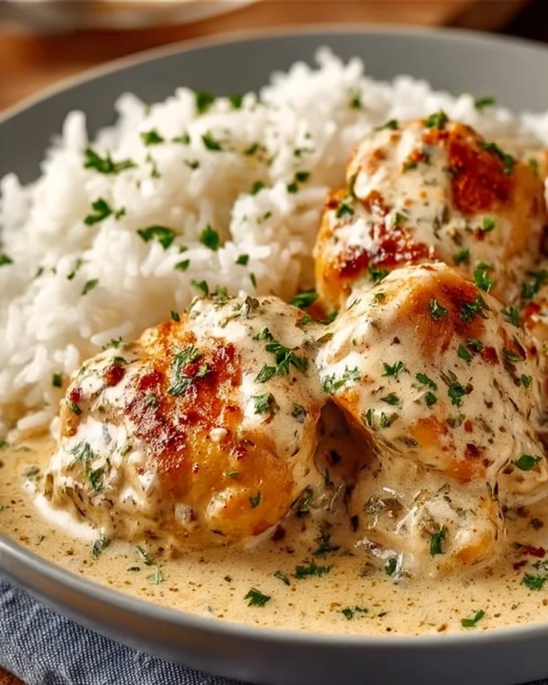 Delicious creamy smothered chicken served with rice in a bowl
