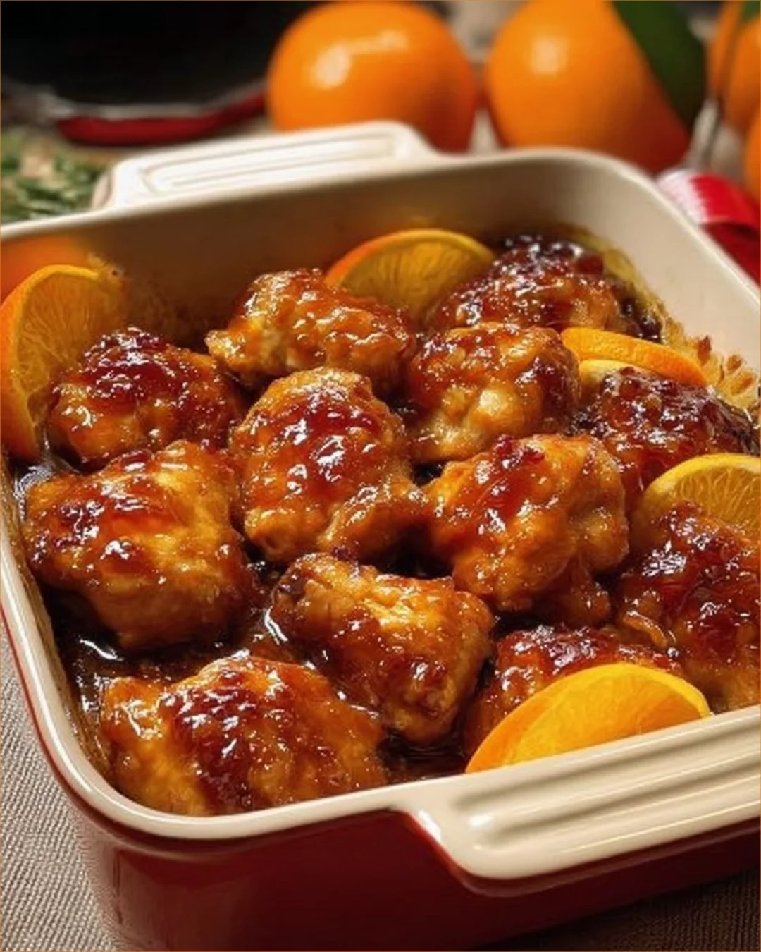 Crispy baked orange chicken served on a plate with garnishes