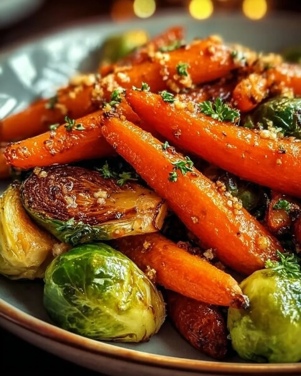 Crispy Canadian maple glazed carrots and Brussels sprouts served in a bowl