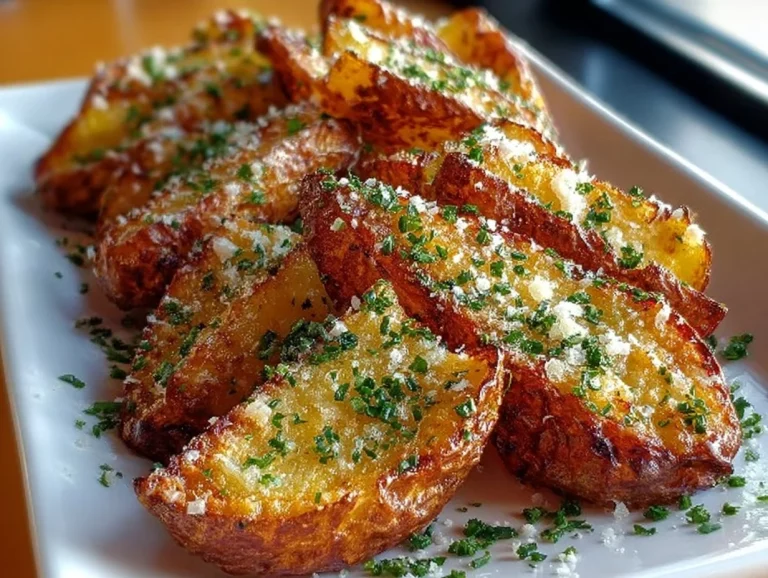 Crispy Parmesan potato wedges served in a bowl with herbs