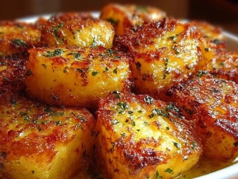 Crispy Parmesan Potatoes served on a plate, garnished with herbs.