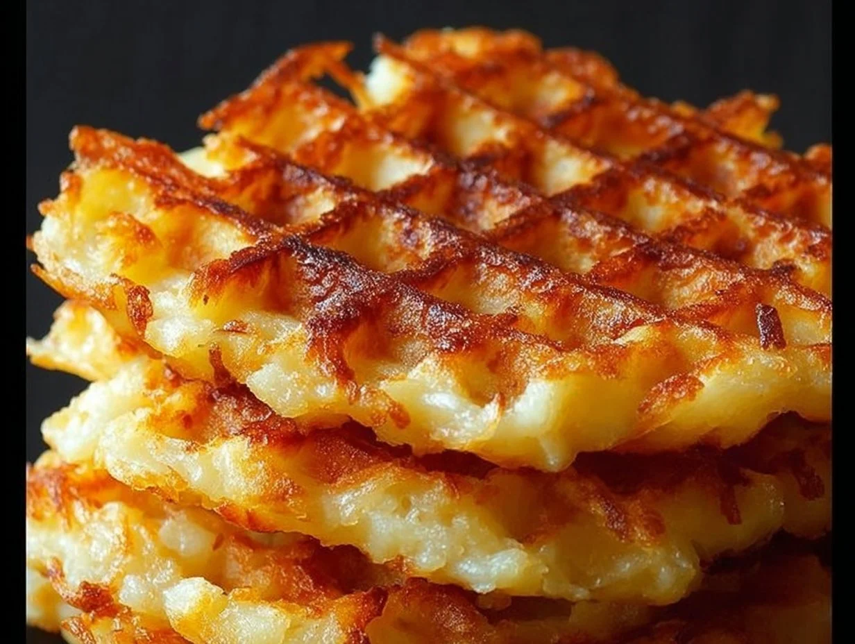 Crispy waffle iron hash browns served on a plate