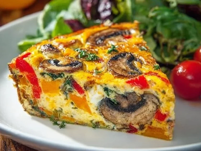 Delicious crustless vegetable quiche topped with fresh vegetables and herbs