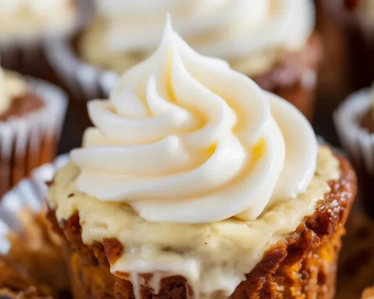 Mini Carrot Cake Muffins topped with creamy frosting on a decorative plate.