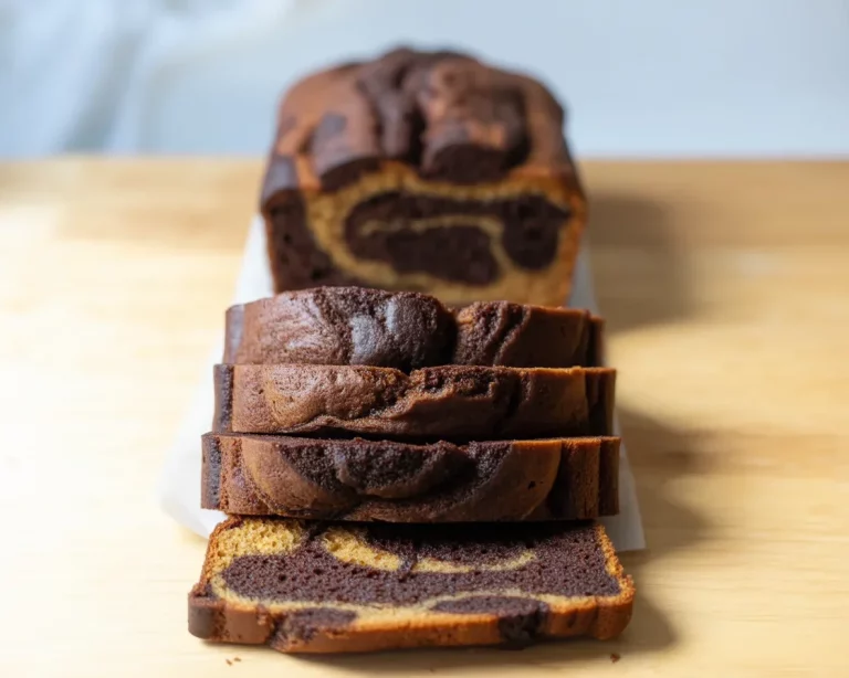 A slice of Grandma’s Marble Cake (Mini Loaf Version) on a wooden table.