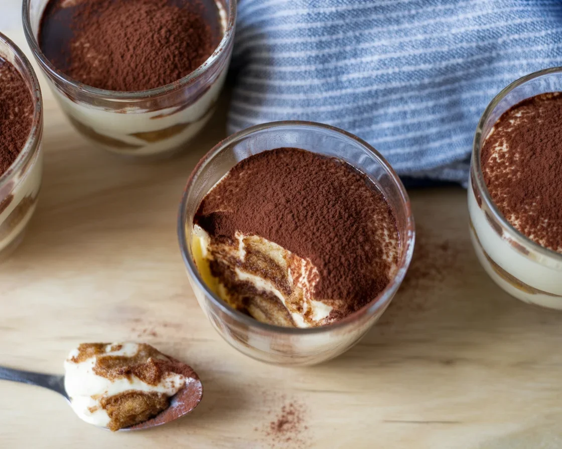 Delicious Mini Tiramisu Cups with espresso-soaked ladyfingers and mascarpone cream.