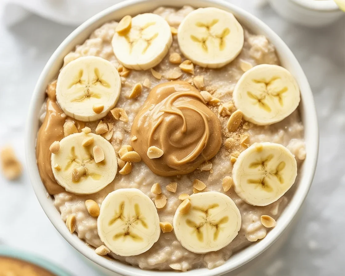 Bowl of peanut butter banana overnight oats topped with banana slices and peanut butter.