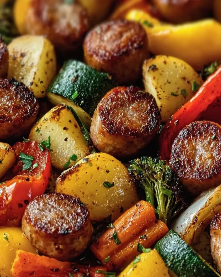 Sheet pan sausage with colorful veggies ready for a quick dinner