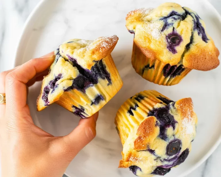 Delicious small batch blueberry muffins baked without a mixer, bakery style.