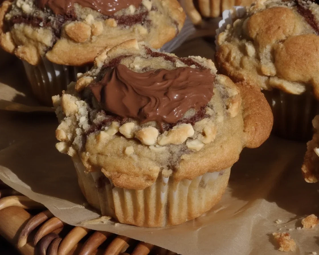 Small-Batch Chocolate Hazelnut Swirl Muffins topped with creamy hazelnut swirls.