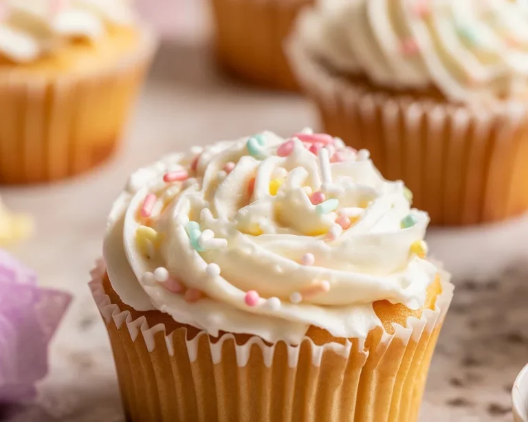 Small Batch Vanilla Cupcakes made in one bowl without a mixer, topped with buttercream frosting.