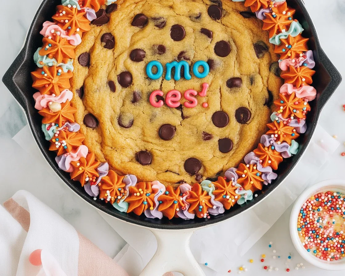 Vintage Chocolate Chip Cookie Cake decorated with frosting and chocolate chips.