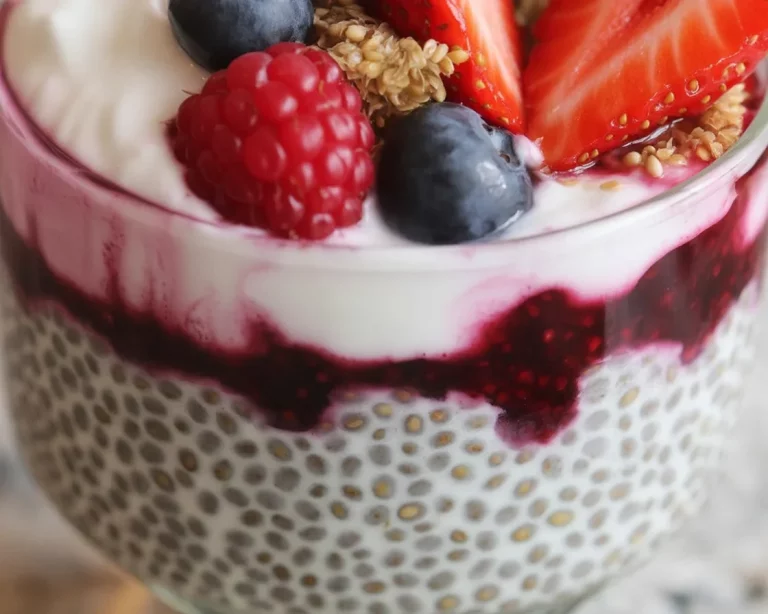 Vanilla Berry Chia Pudding topped with fresh berries and a drizzle of maple syrup.