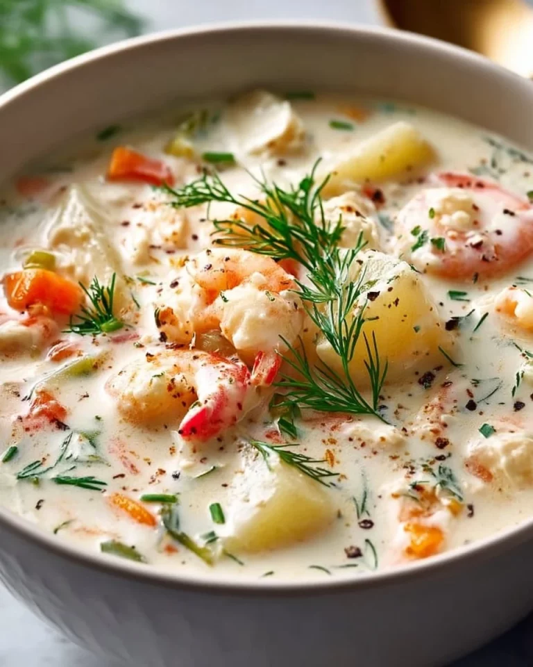 Bowl of Easy Creamy Seafood Chowder garnished with fresh herbs