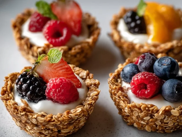 Easy healthy breakfast granola cups filled with nuts and fruits