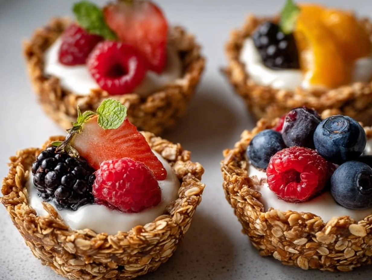 Easy healthy breakfast granola cups filled with nuts and fruits