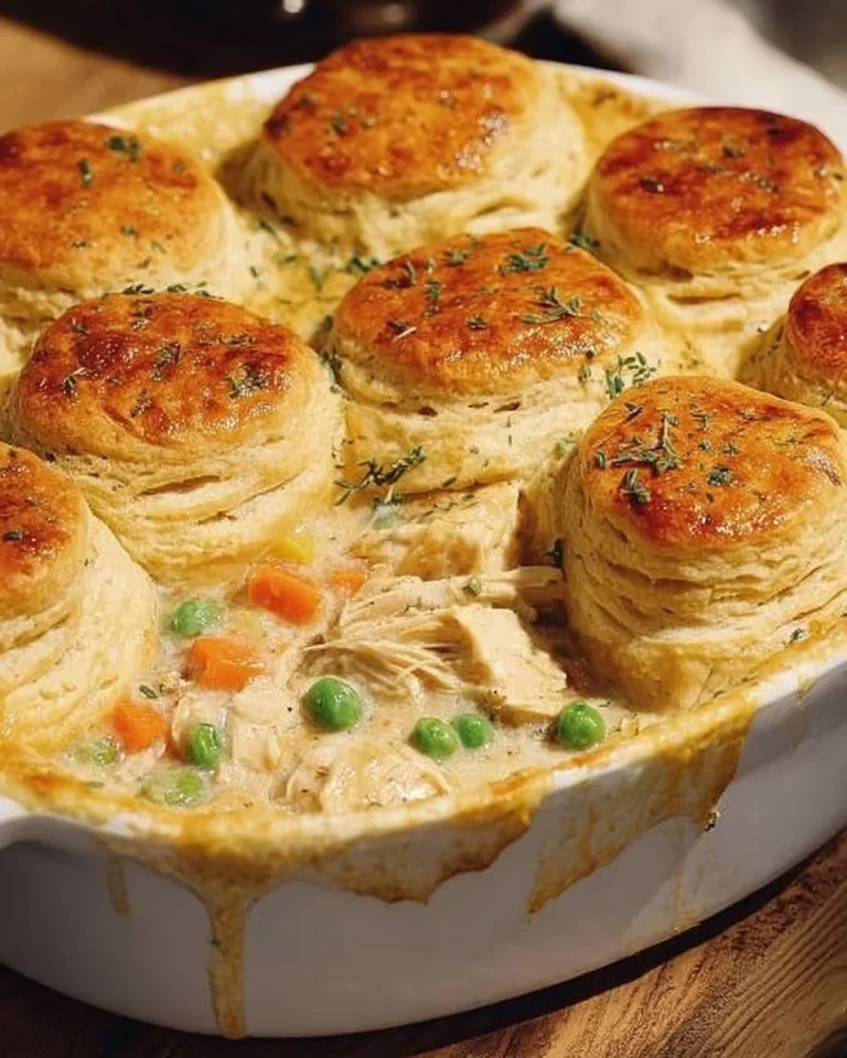 Delicious homemade chicken pie casserole served in a baking dish