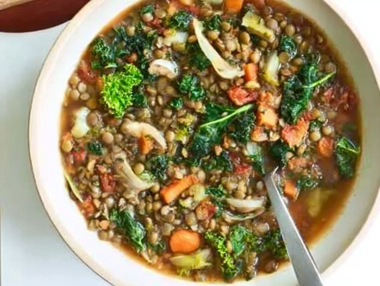 Bowl of easy lentil vegetable soup garnished with fresh parsley on a wooden table.