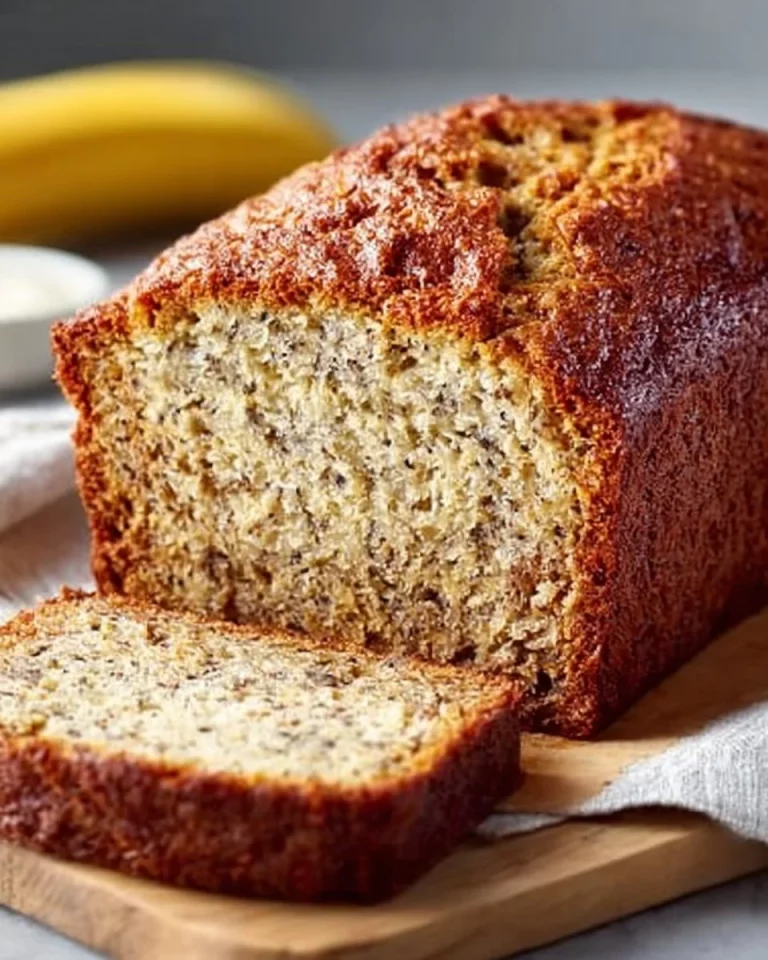 Sliced easy moist banana bread on a wooden cutting board.