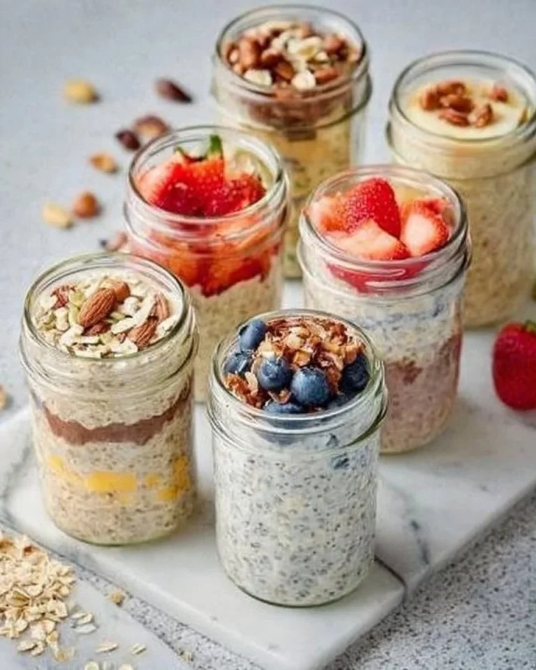 Bowl of easy overnight oats topped with fresh fruits and nuts