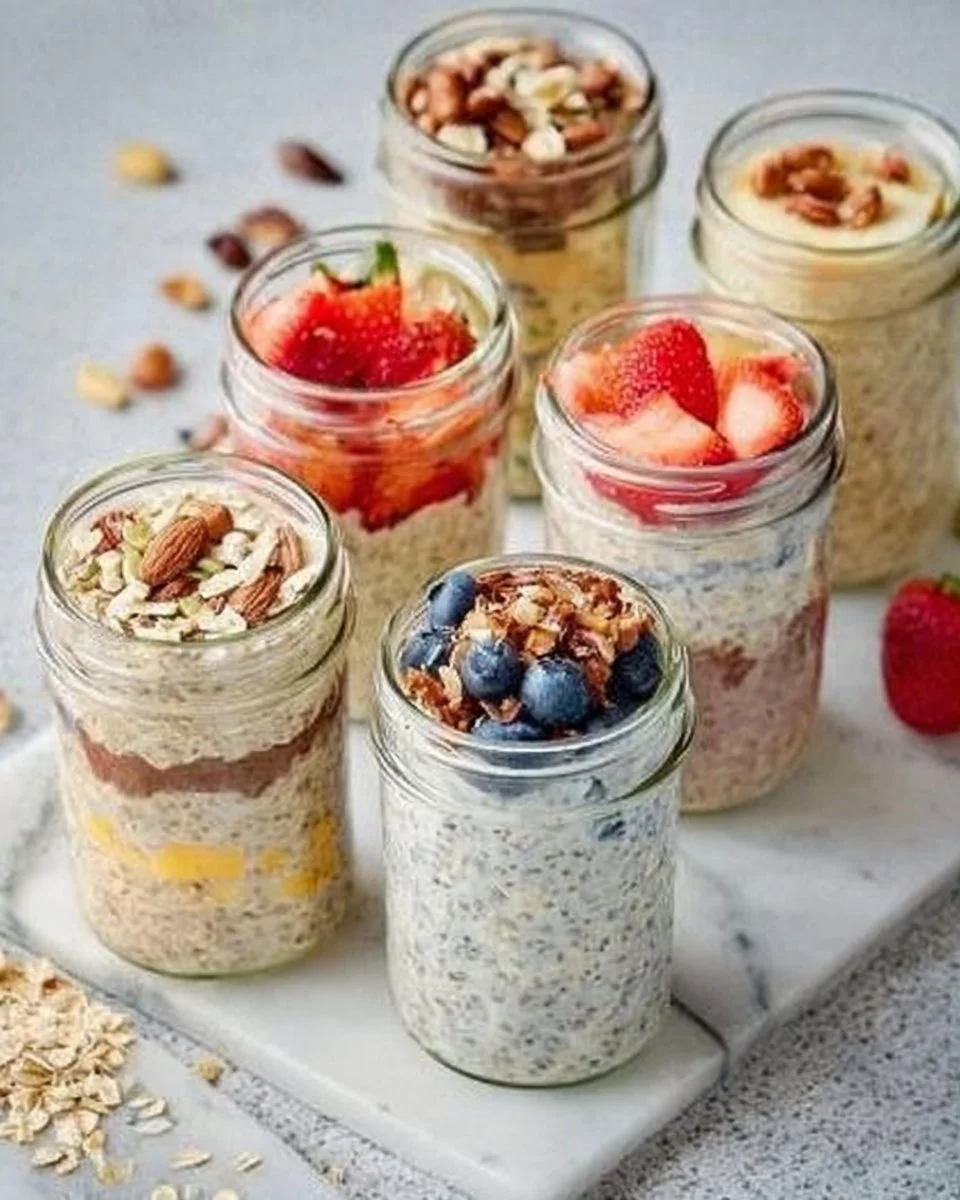 Bowl of easy overnight oats topped with fresh fruits and nuts