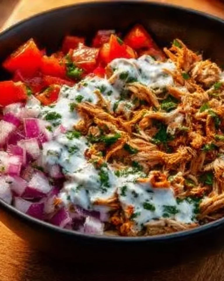 Slow cooker chicken shawarma in a bowl with vibrant vegetables