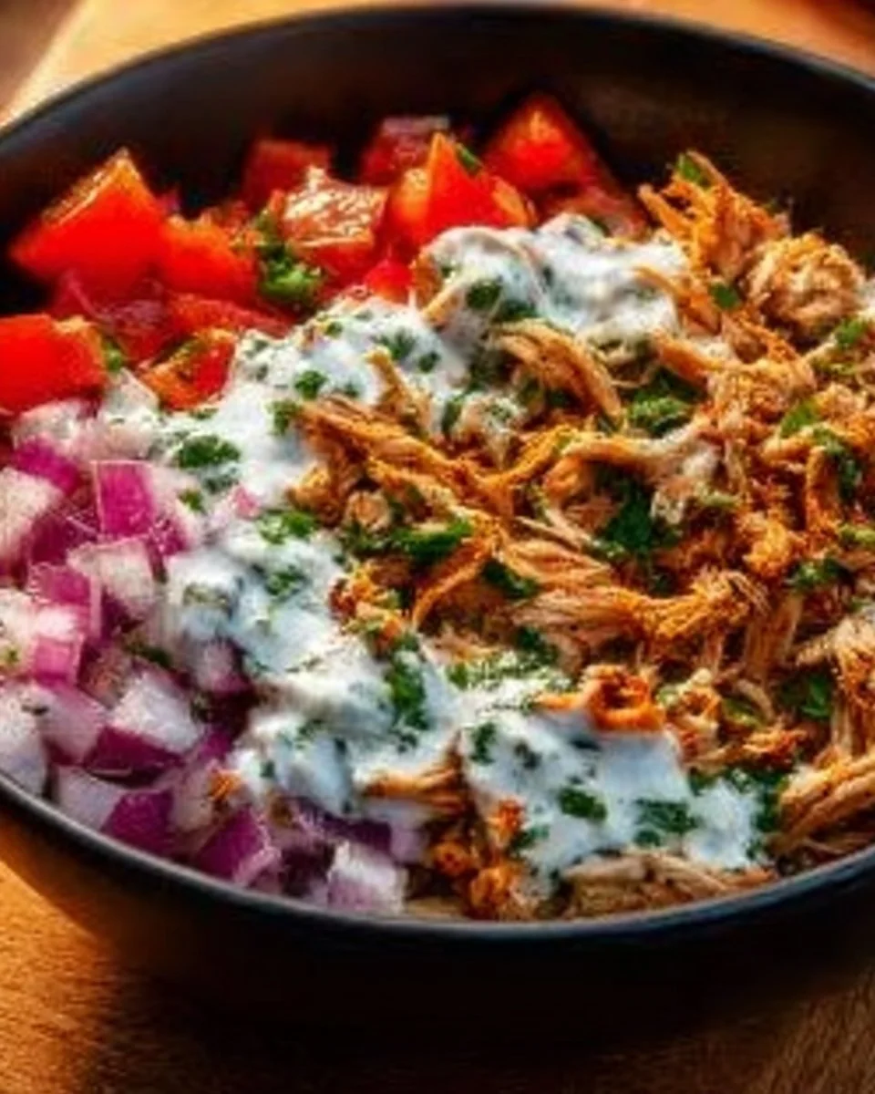 Slow cooker chicken shawarma in a bowl with vibrant vegetables