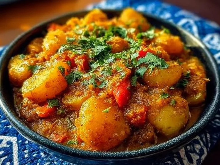 Flavourful Dopiazeh Potato dish served with spices and herbs.
