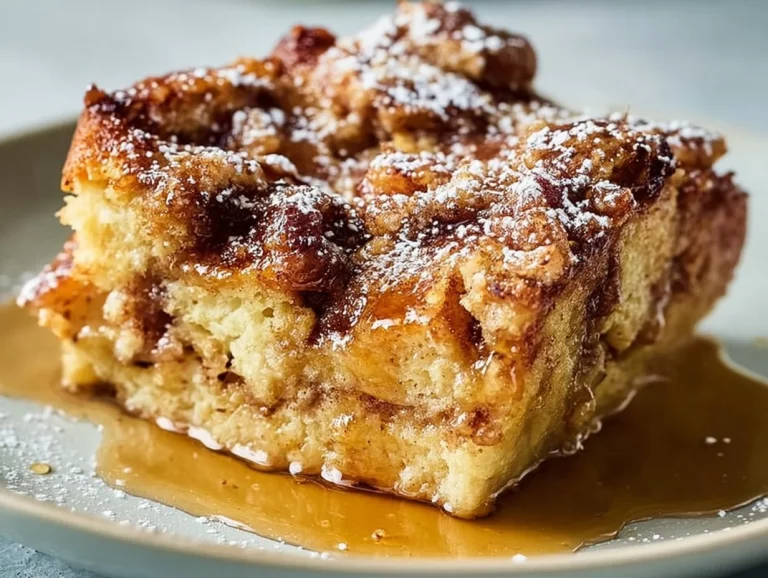 Delicious French Toast Bake topped with syrup and berries