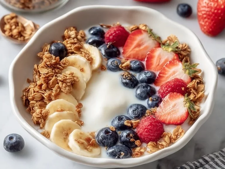 Colourful fruit and granola yogurt bowls topped with fresh berries and nuts