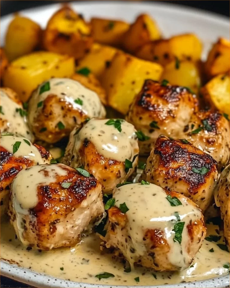 Garlic Butter Chicken Bites served with Parmesan Cream Sauce and Cheesy Roasted Potatoes