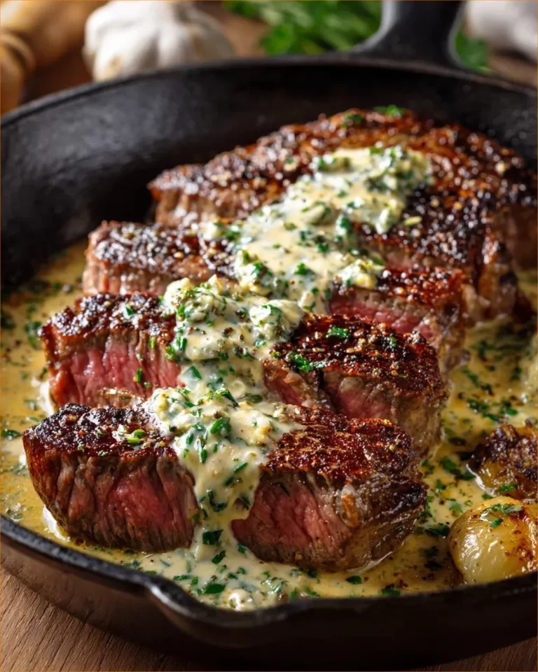Garlic Butter Steak drizzled with creamy Parmesan Sauce on a plate