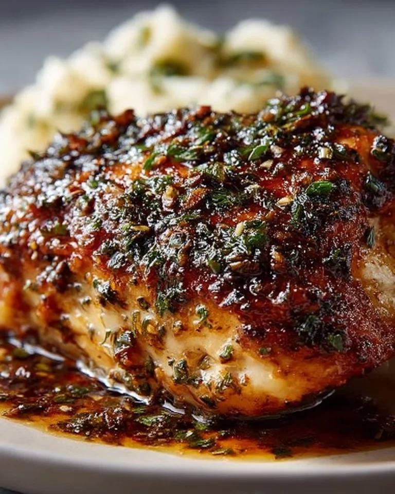 Plate of Garlic Herb Chicken garnished with fresh herbs