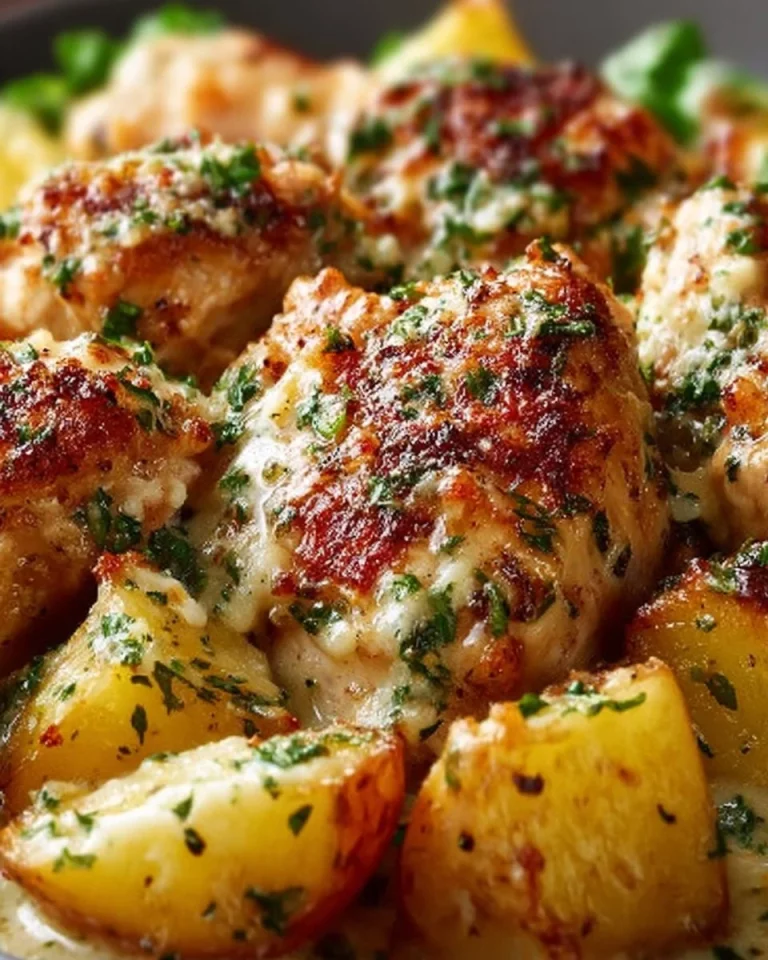 Garlic Parmesan Chicken served with roasted potatoes on a plate