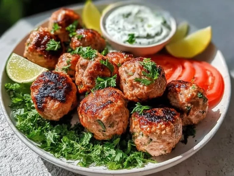 Greek Turkey Meatballs served with tzatziki sauce on a plate