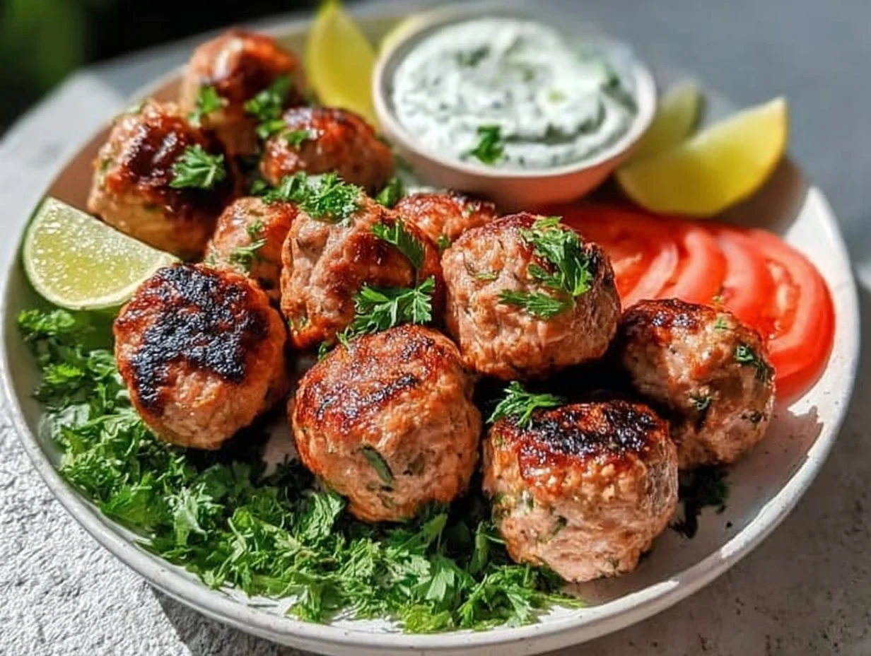 Greek Turkey Meatballs served with tzatziki sauce on a plate