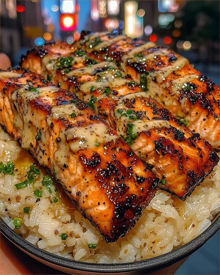 Grilled salmon strips in a rice bowl topped with honey garlic drizzle