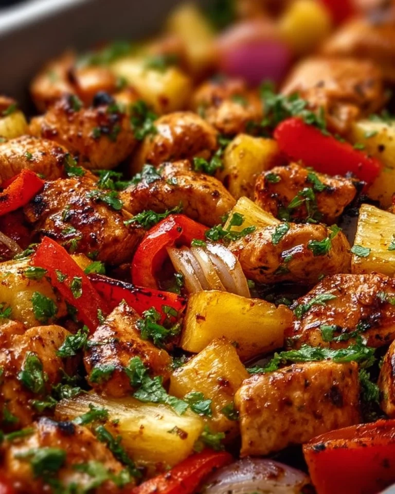 Hawaiian Chicken Sheet Pan with colorful vegetables and pineapple.