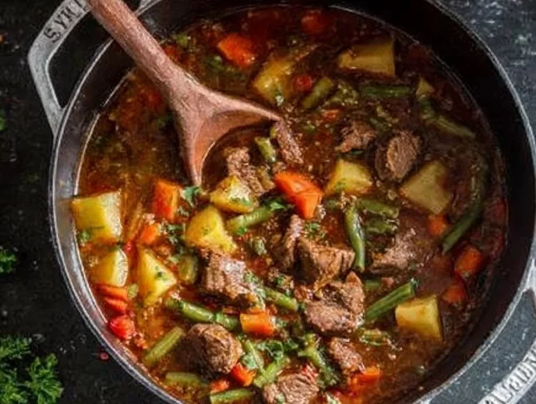 Hearty beef stew with root vegetables in a bowl