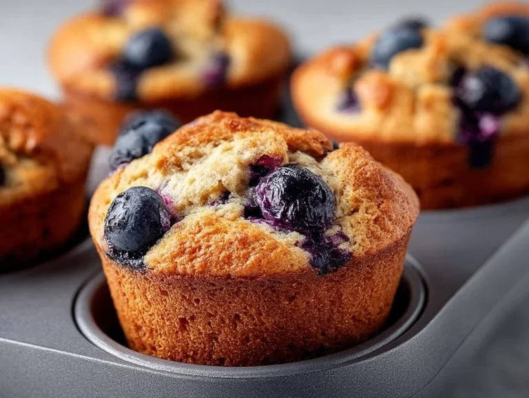 Hearty blueberry protein muffins on a wooden table with fresh blueberries