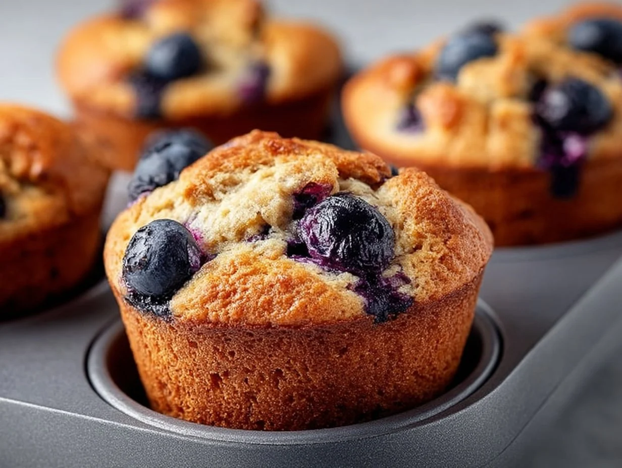 Hearty blueberry protein muffins on a wooden table with fresh blueberries