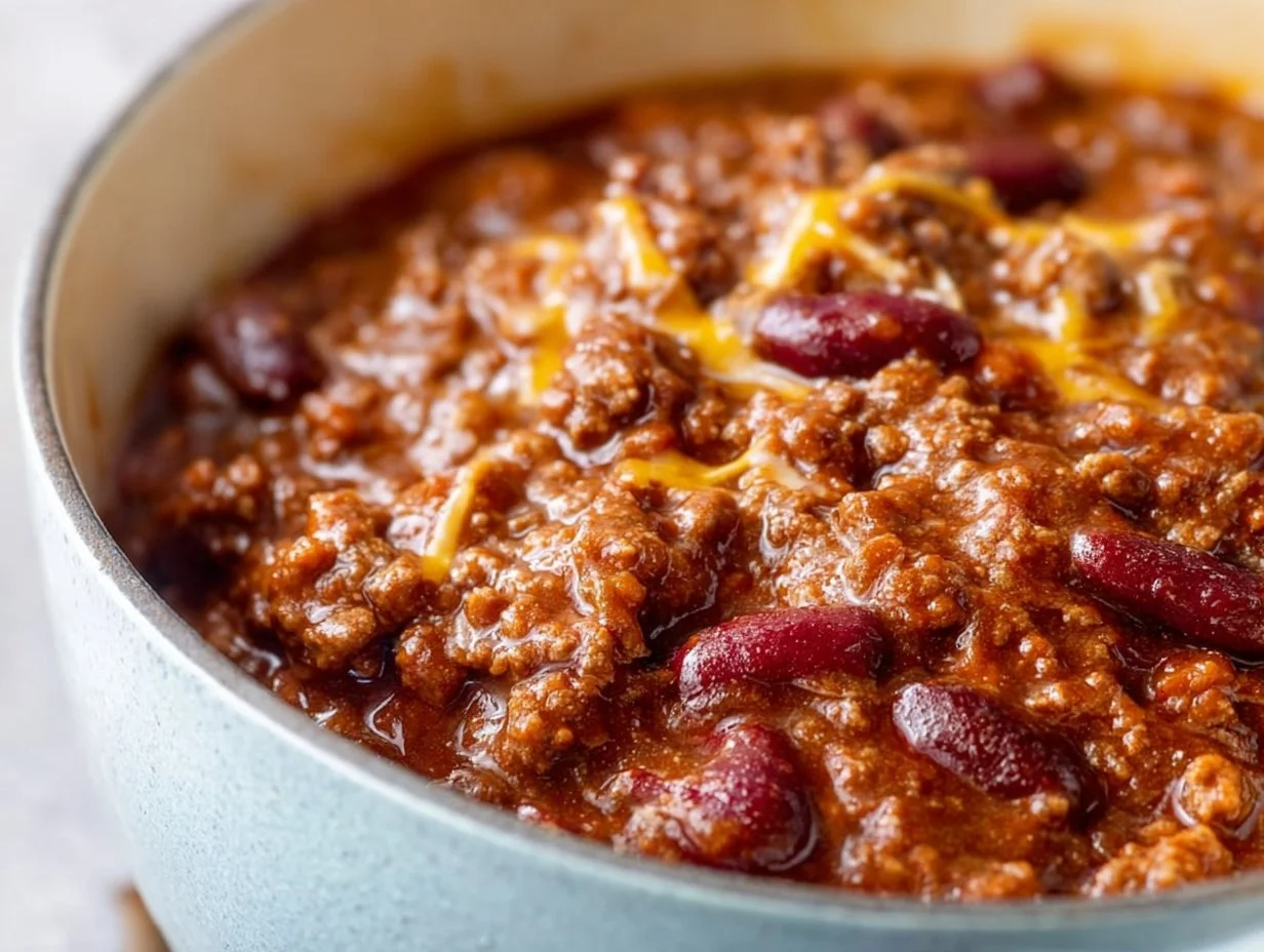 A steaming bowl of hearty chili topped with sour cream and herbs