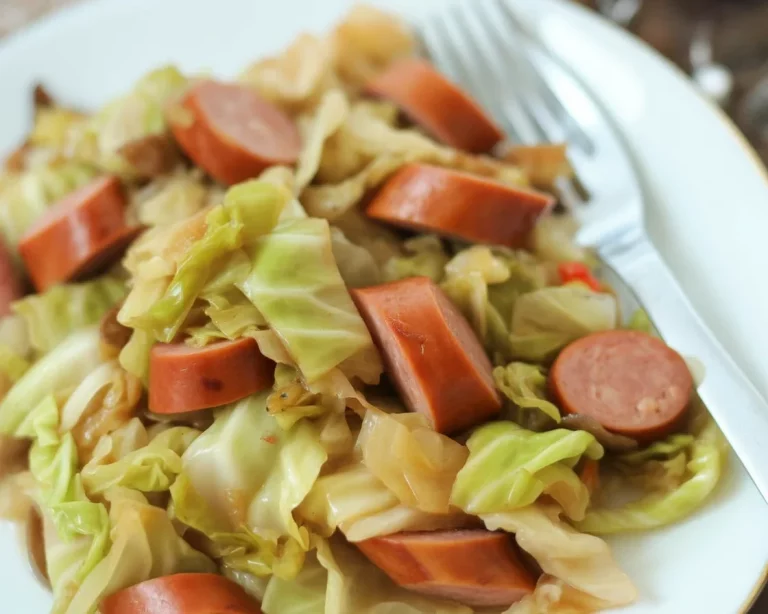 Fried Cabbage and Sausage Skillet with kielbasa cooked with onions and cabbage.